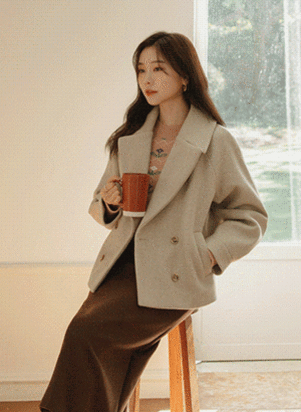 韓國混羊毛雙排釦壓褶袖外套