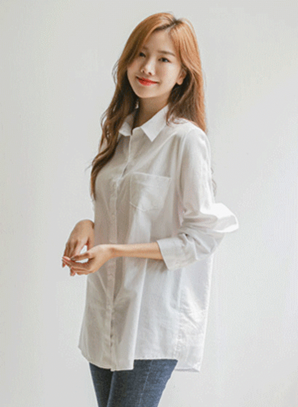 韓國袖反摺設計單口袋襯衫