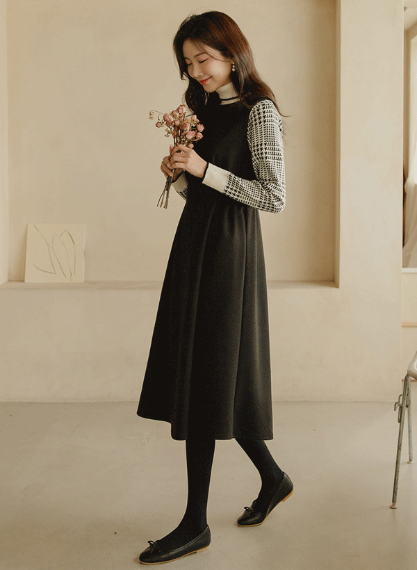 韓國輕量羊毛側釦帶背心洋裝