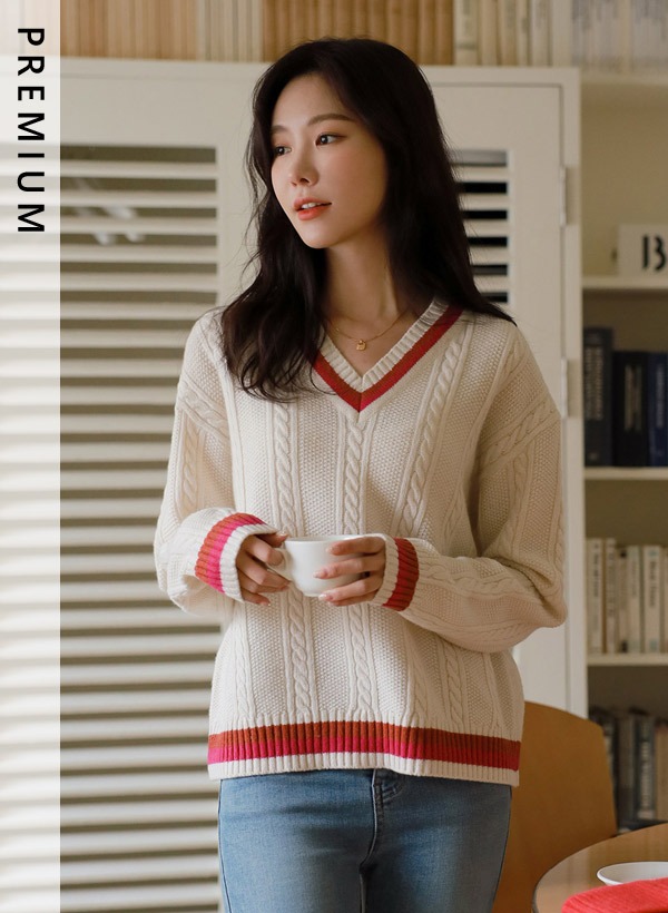 韓國跳色線條混羊毛針織上衣