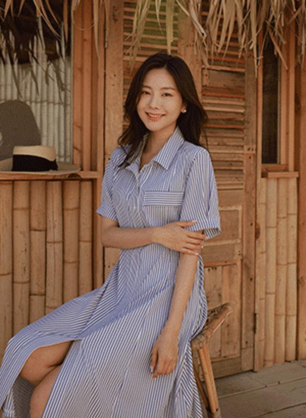 韓國條紋襯衫長板連身裙