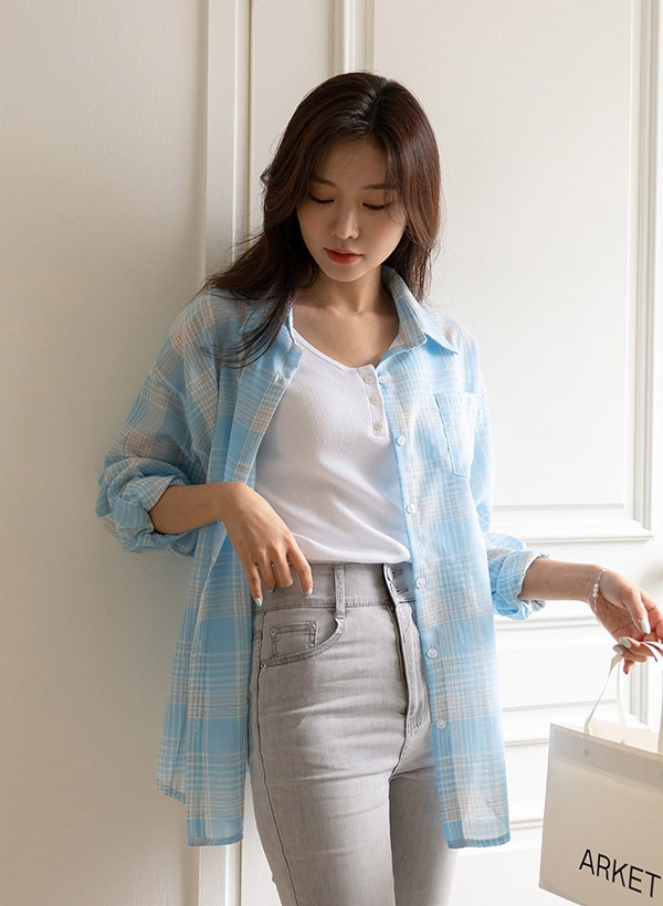 韓國麻布手感寬鬆格子襯衣
