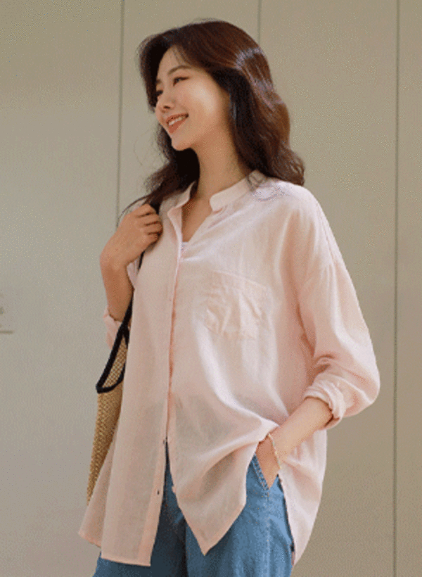 韓國寬鬆款Y領透膚亞麻襯衫