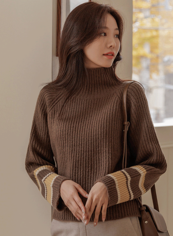 韓國配色羅紋高低襬針織上衣