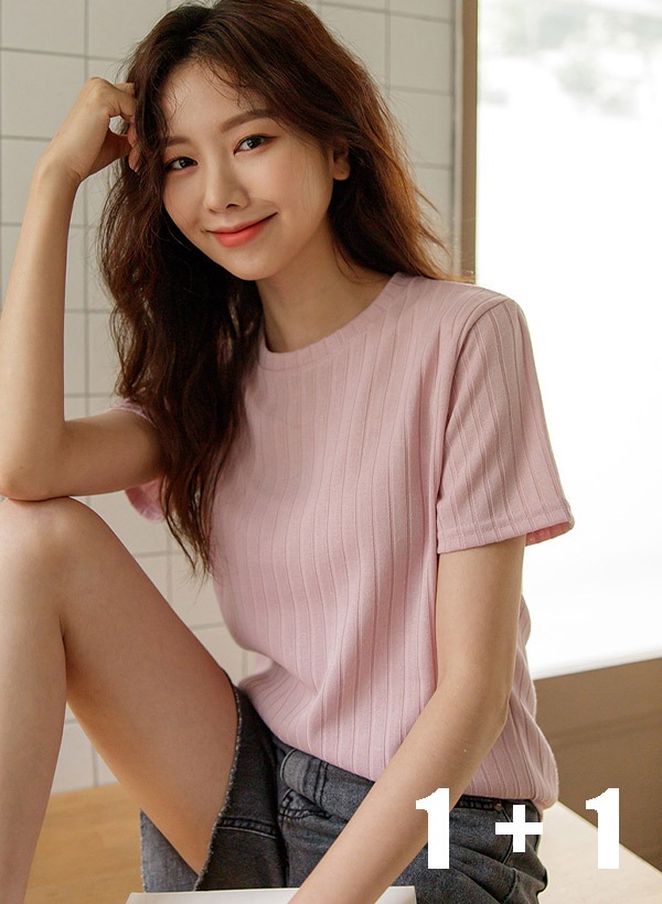 韓國[1+1] 多色款圓領坑條短袖T恤