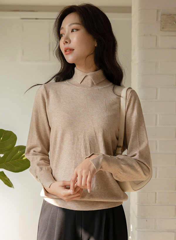 韓國袖口鈕釦裝飾長袖針織上衣