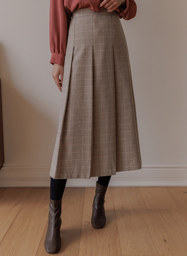 韓國格紋壓褶羊毛混紡裙