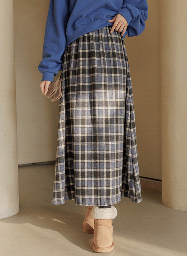 韓國格紋刷毛長裙