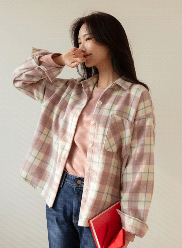 韓國格紋單口袋刷毛襯衫