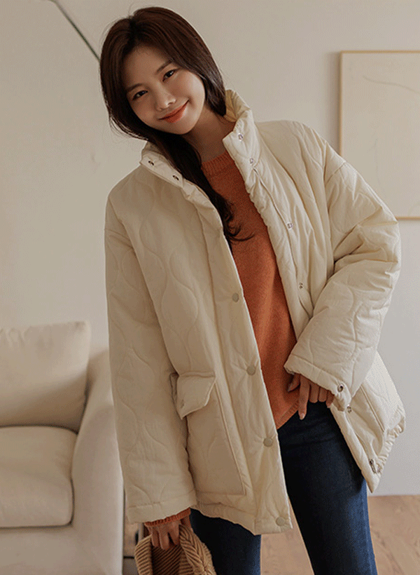 韓國下襬抽繩絎縫保暖外套