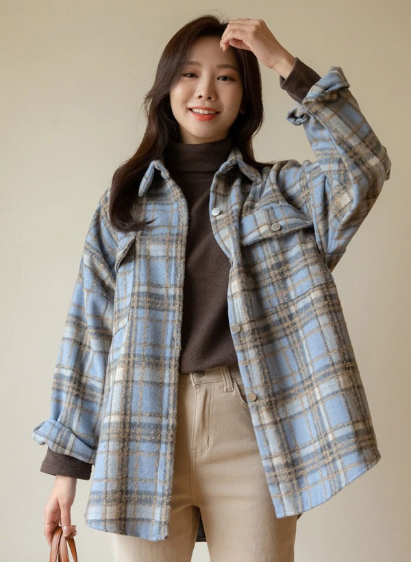 韓國翻蓋口袋格紋排釦襯衫